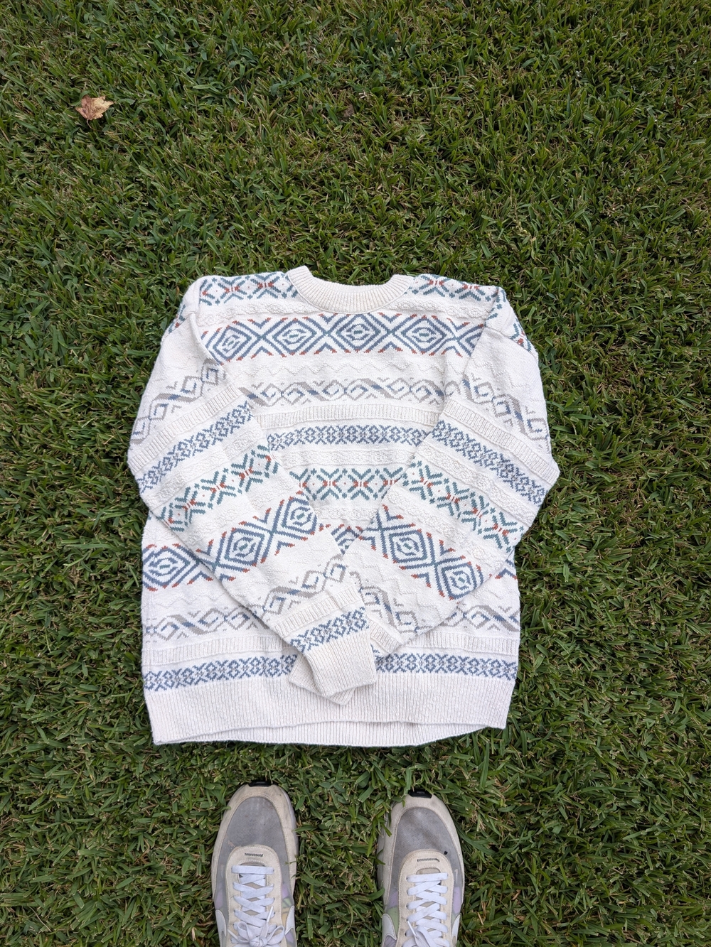 Van Heusen Cream Crewneck Sweater with Blue and Rust Pattern